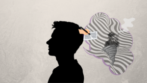 Silhoette of a man, thought bubble with hypnotic texture in it and an image of a man in a hat smoking, being swallowed by cyclone and earased.