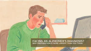 A color pencil drawing of a young man flush with sad emotion and shock, speaks on the phone in front of his computer. Text reads title of article