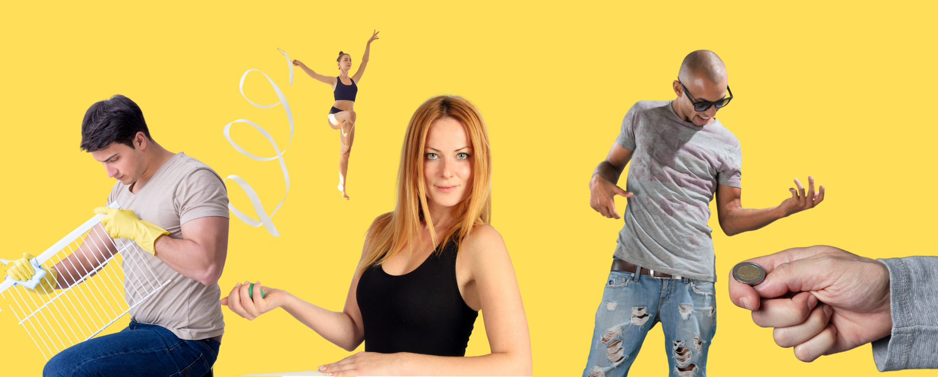 5 people using their hands in creative ways: flipping coins, air guitar, stress ball, cleaning and ribbon dancing.