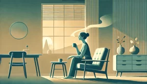 mid-centery art rendition of Woman practicing mindful breathing and stress relief at home after hypnosis session