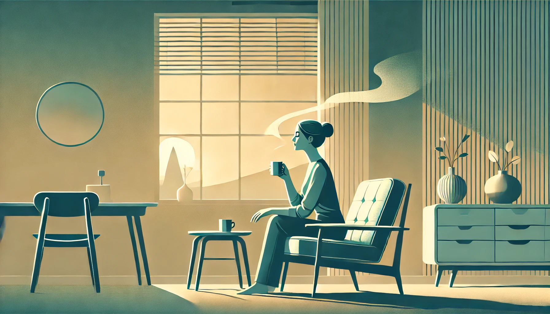 mid-centery art rendition of Woman practicing mindful breathing and stress relief at home after hypnosis session