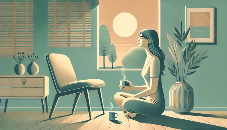 Illustration in a mid-century art style of a woman sitting peacefully near a window at sunrise, holding a mug and exhaling slowly. Soft sunlight casts a warm glow across her face. The room features minimalist, mid-century modern decor in calming teal and beige tones, creating a serene and grounded atmosphere.
