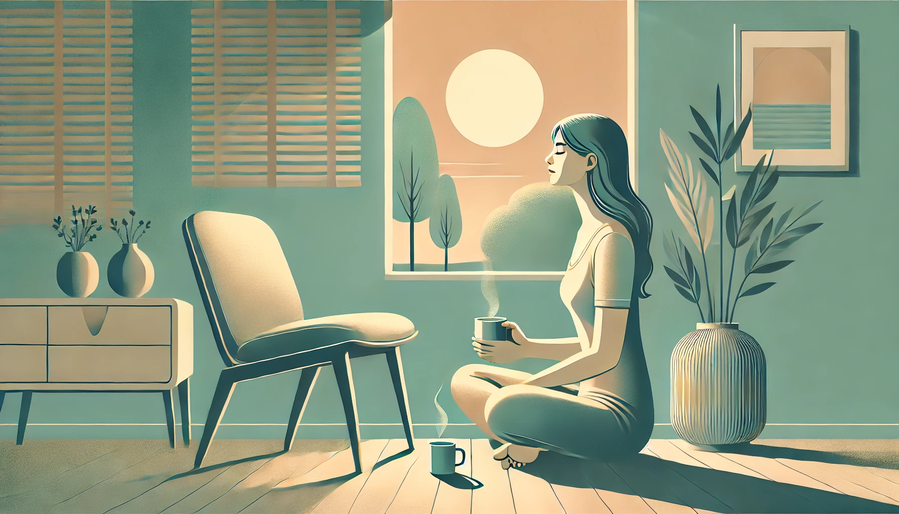 Illustration in a mid-century art style of a woman sitting peacefully near a window at sunrise, holding a mug and exhaling slowly. Soft sunlight casts a warm glow across her face. The room features minimalist, mid-century modern decor in calming teal and beige tones, creating a serene and grounded atmosphere.
