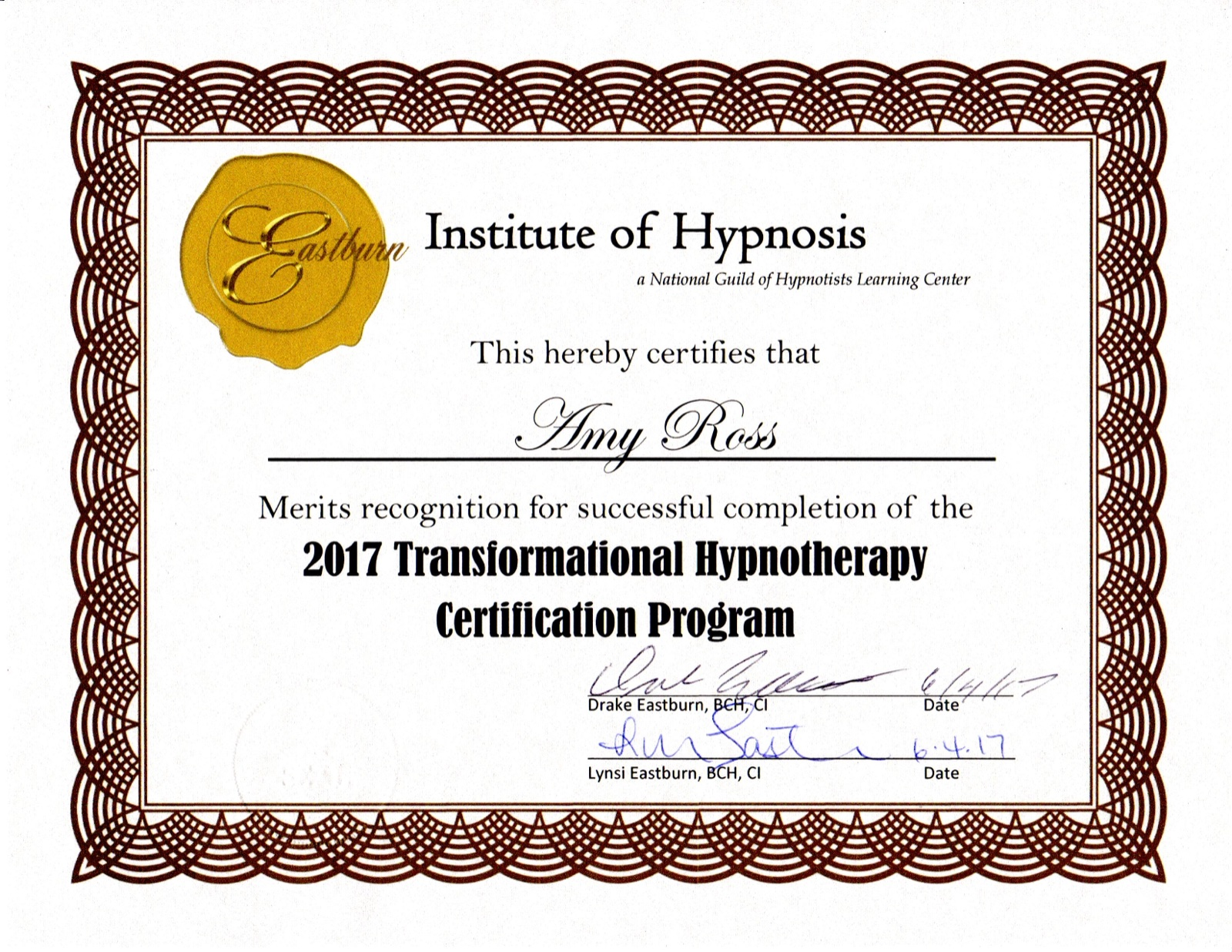 Transformational Hypnotherapy Certification, Eastburn Institute of Hypnosis, 2017