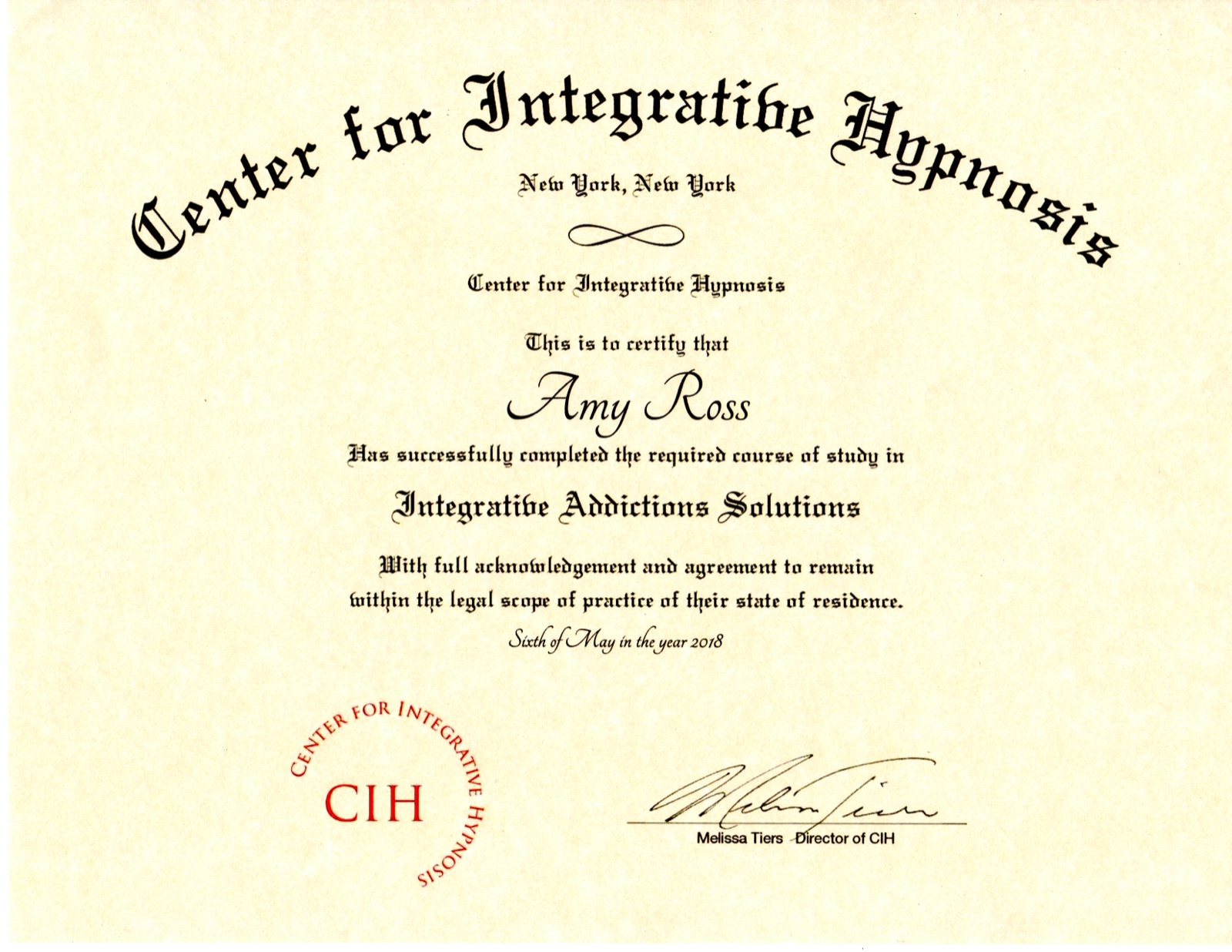 Integrative Addictions Solutions certificate, Center for Integrative Hypnosis, 2018